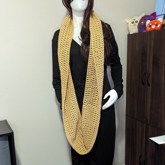 Hand Crafted Tan Lacey Square Crochet Infinity Scarf - Picture 1 of 3